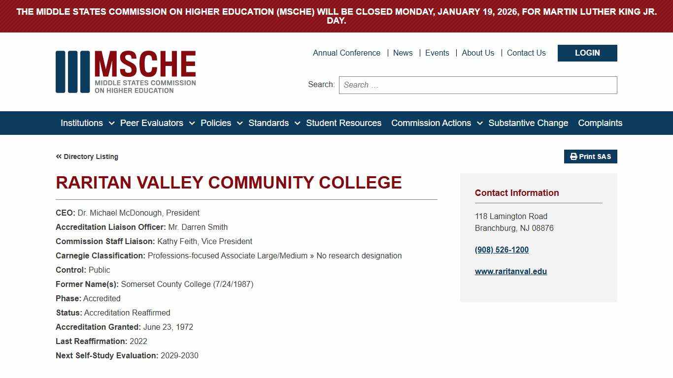 Raritan Valley Community College - Statement of Accreditation Status